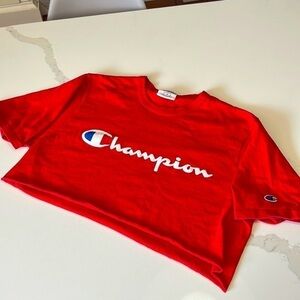 Vintage Champion Crop  tee. Bright Red & oversized.